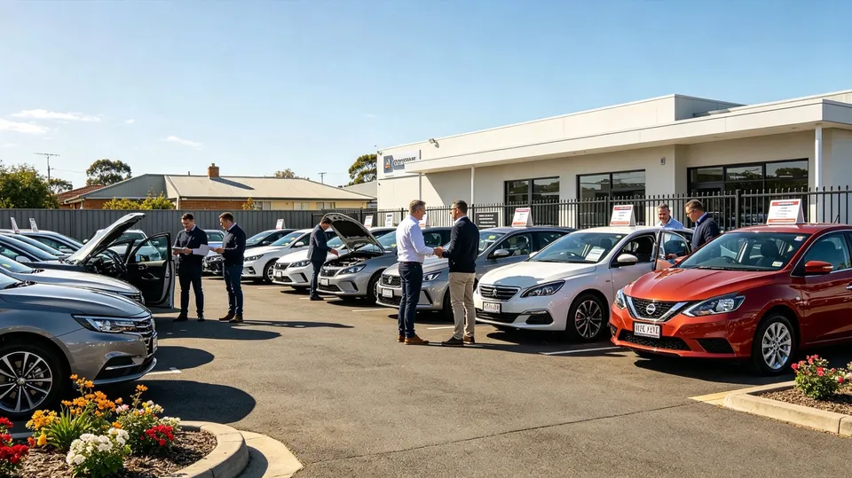 Buyers browsing cars at a busy used-car yard