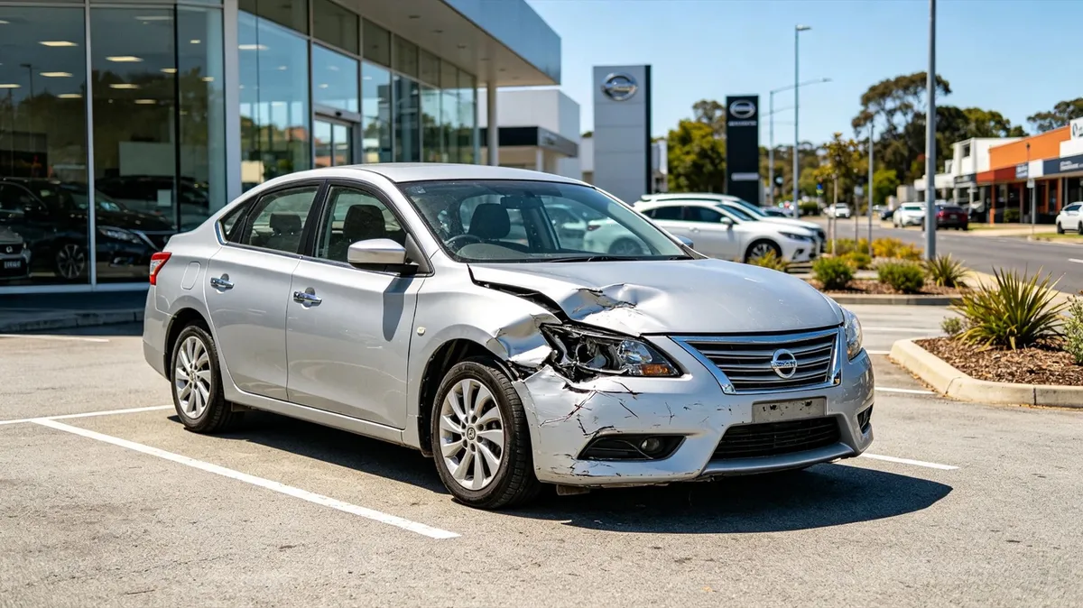 A car with visible accident damage in a dealership yard