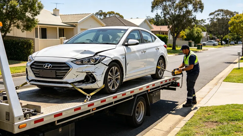 A damaged car being loaded onto a flatbed tow truck