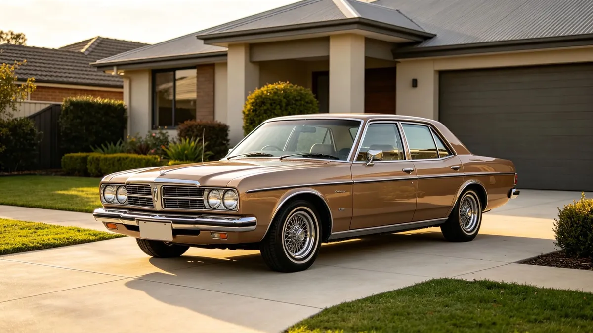 A well-kept older car in a quiet suburban driveway