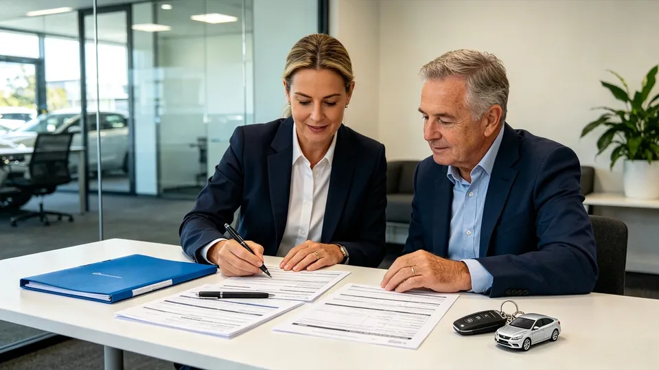 A person calmly helping someone with car paperwork at a table