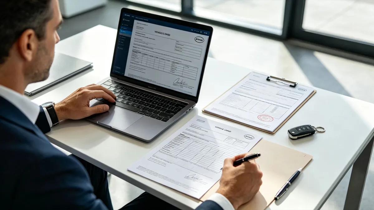 A person reviewing car finance documents with car keys on a desk