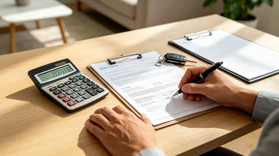 Hands with car loan paperwork, a calculator and a car key on a desk