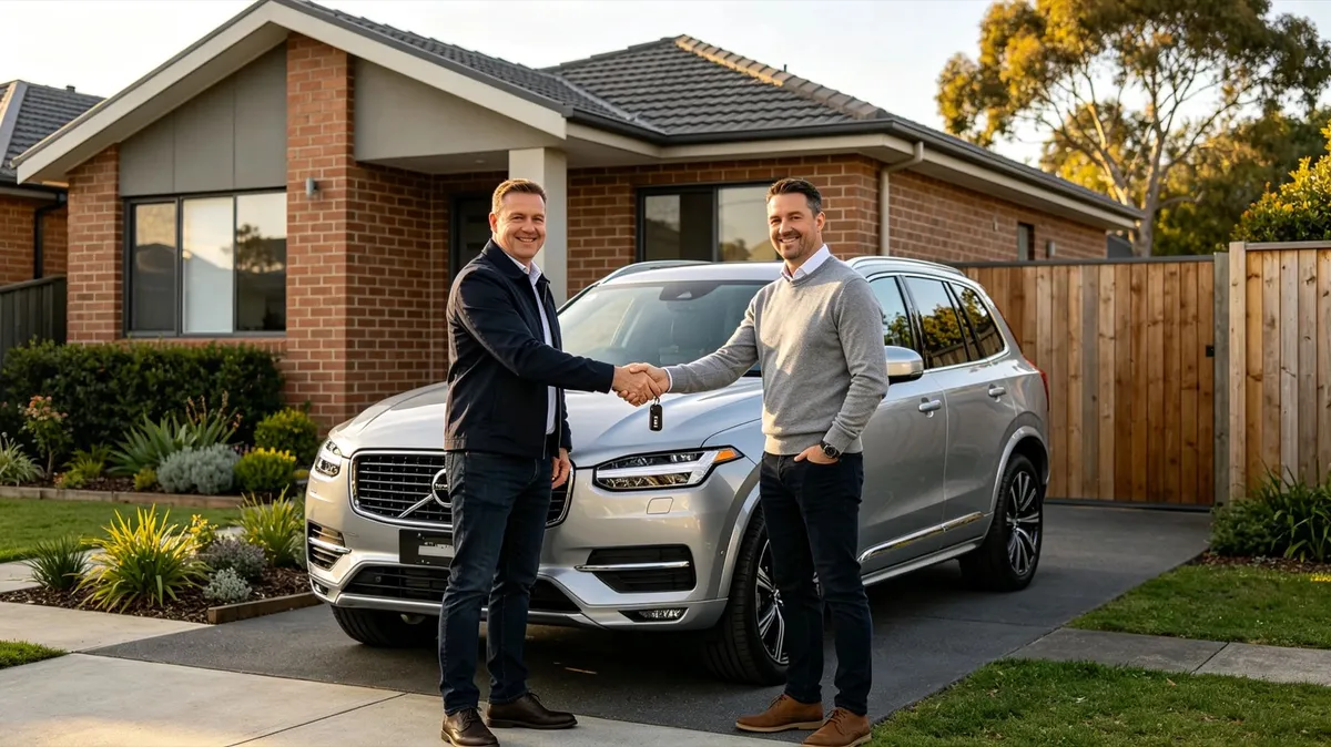 A car buyer and seller shaking hands beside a car in a driveway