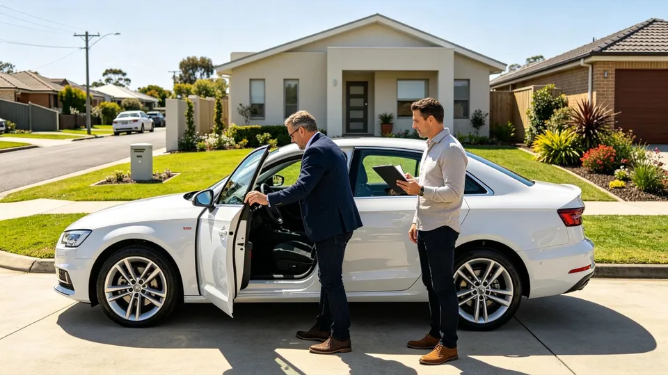 A buyer inspecting a car with a tablet while the owner watches