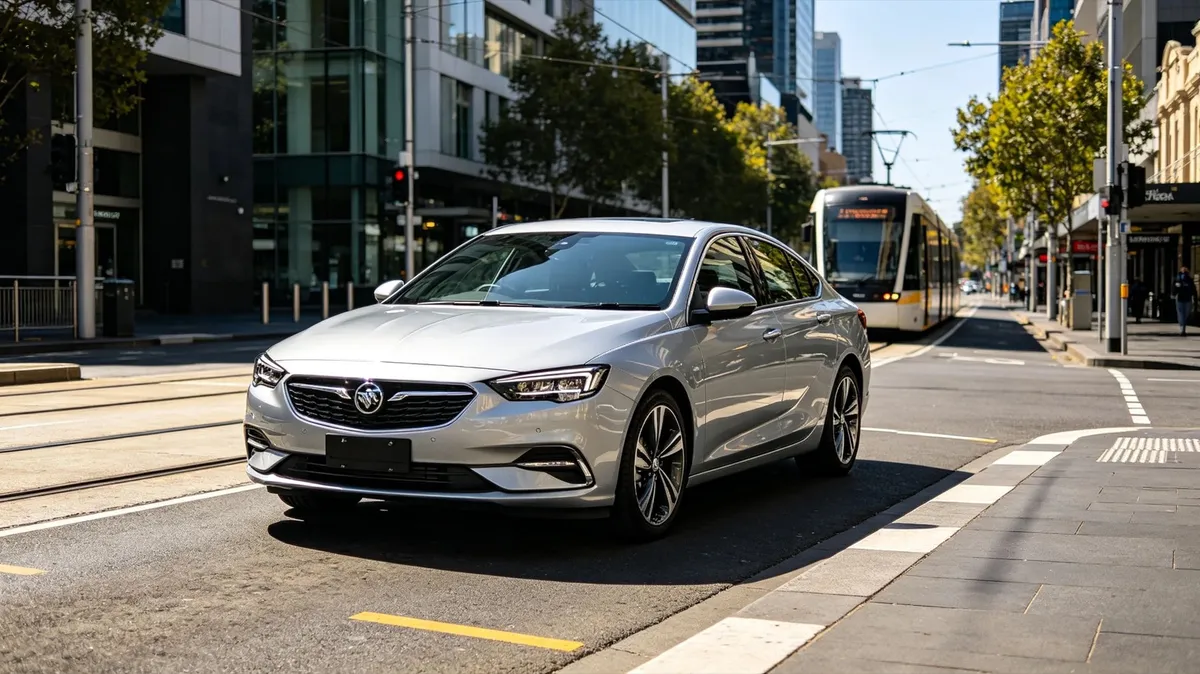 A clean car on a Melbourne street with a tram and city buildings behind