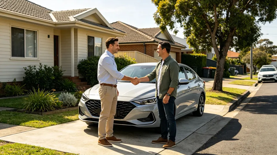 A car buyer shaking hands with a seller in a Melbourne driveway