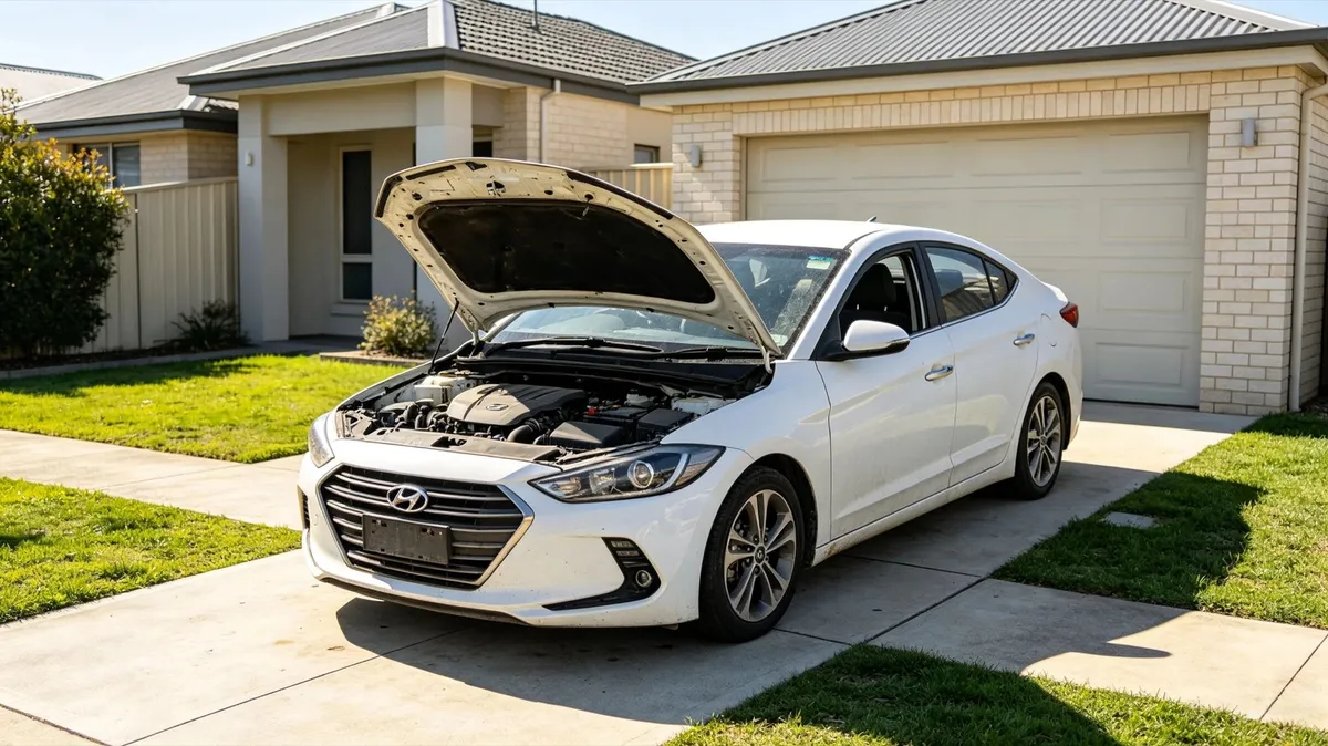 A non-running car with its bonnet up in a driveway