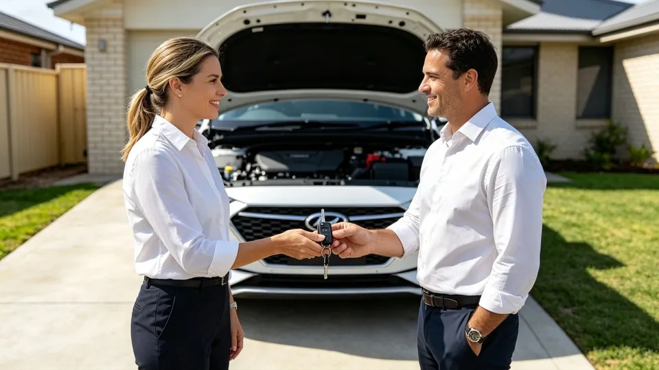 Car keys being handed over beside a car with its bonnet open