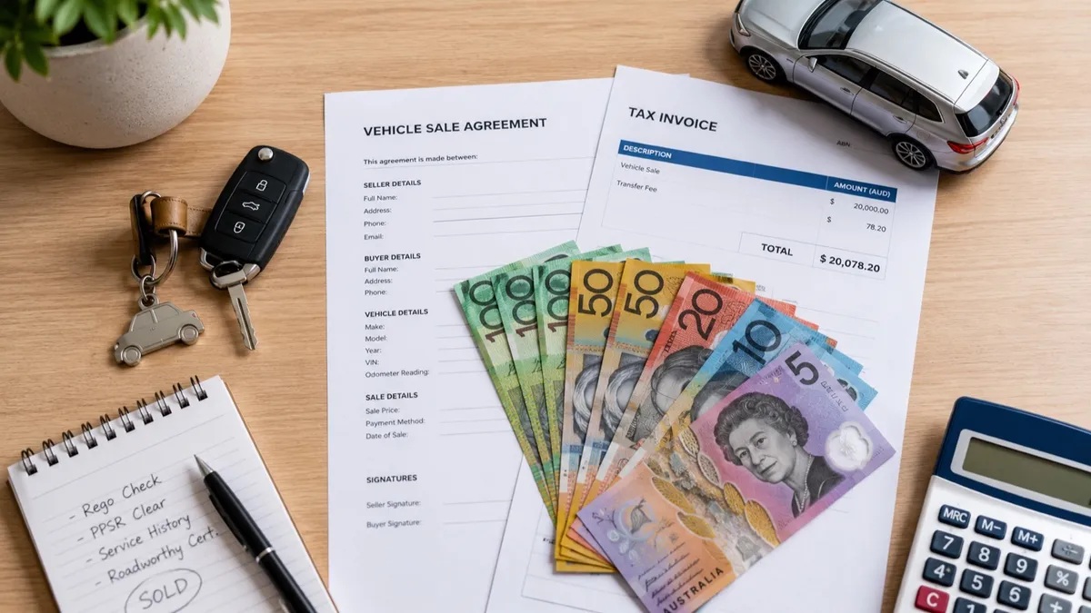 Car keys, Australian cash and sale paperwork laid out flat