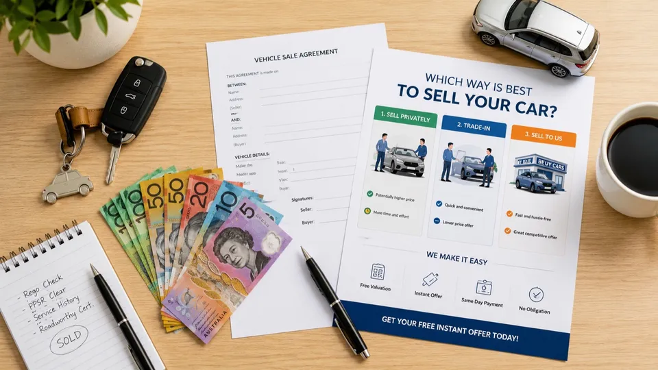 An infographic comparing selling privately, trading in and selling to a car buyer, with Australian cash and car keys