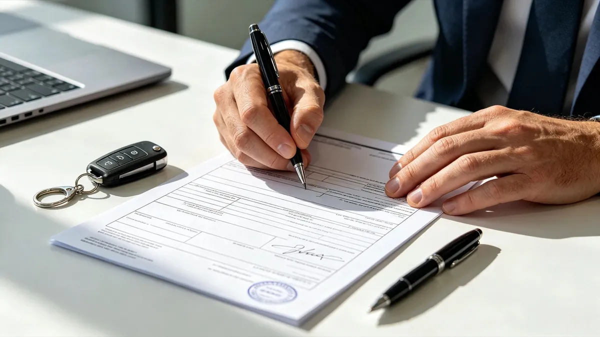 Hands signing car sale and registration transfer paperwork