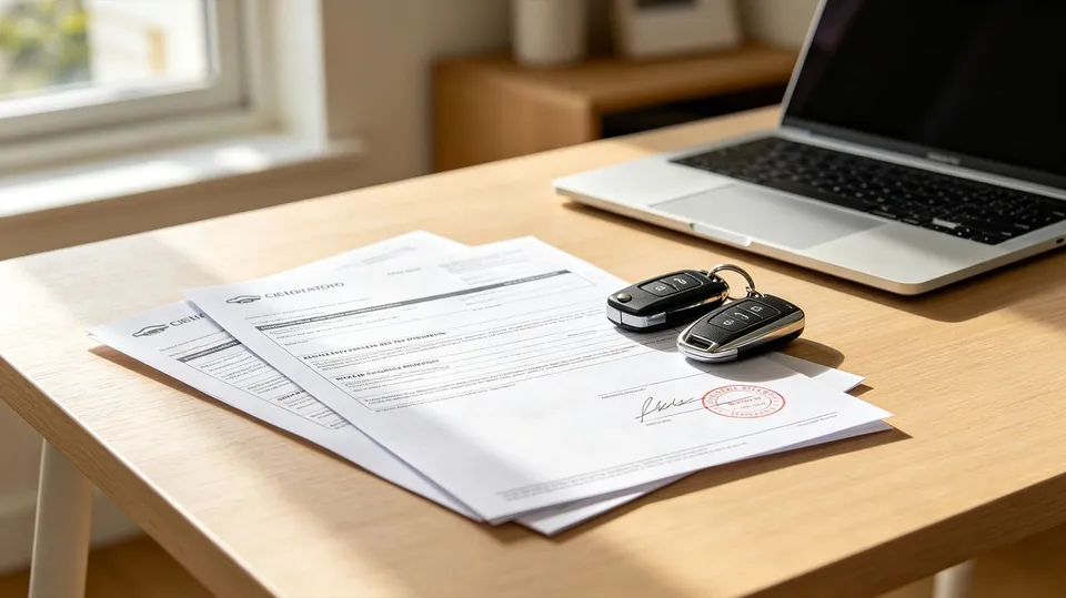A completed vehicle transfer form, roadworthy certificate and car keys on a desk