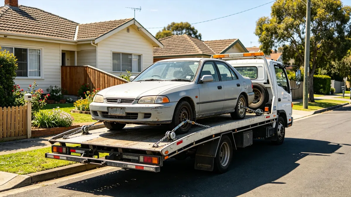 A flatbed tow truck collecting a car outside a Melbourne house