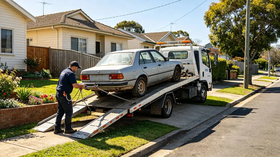 A tow truck operator loading a car onto a flatbed for free removal