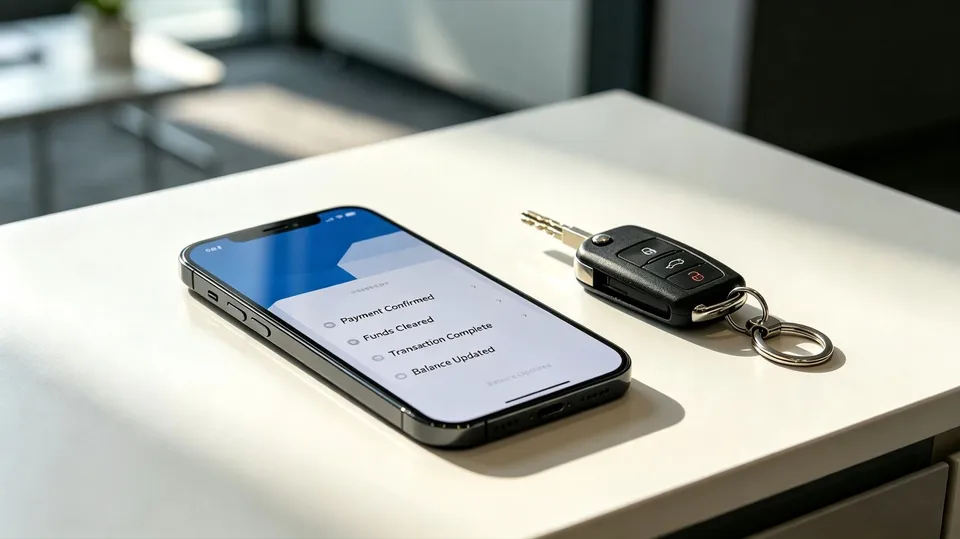 A phone showing a banking app with a confirmed cleared payment, next to car keys