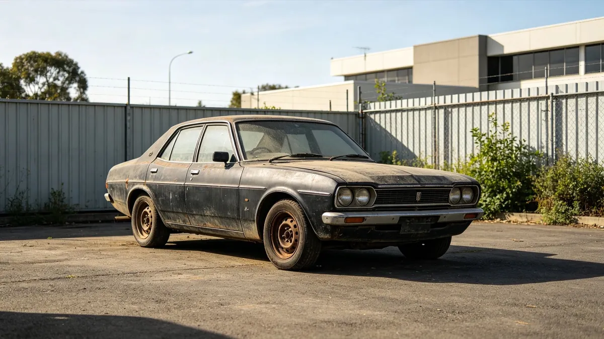 An old end-of-life car in a yard, ready for recycling