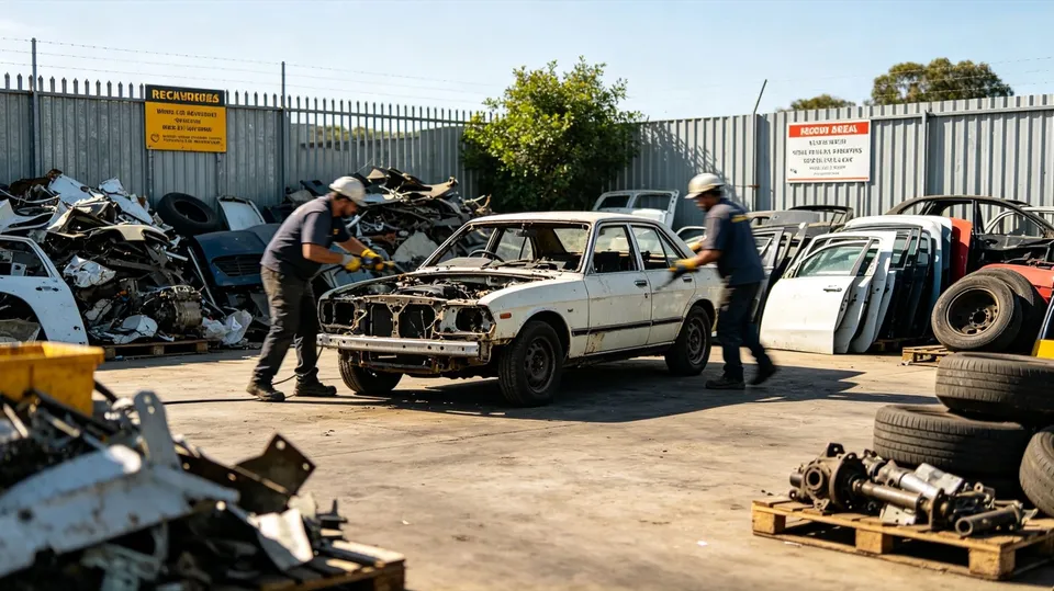 A car being dismantled for parts and scrap metal at a wrecking yard