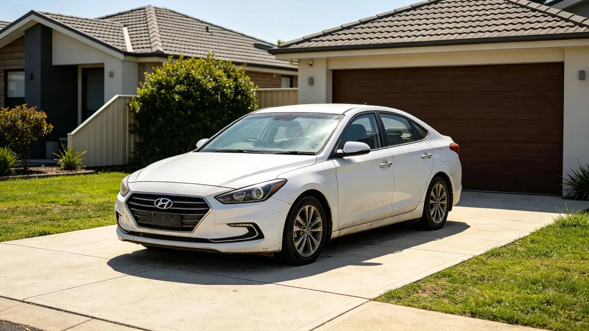 A car with no number plates parked idle in a driveway
