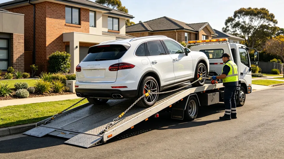 An unregistered car being winched onto a flatbed tow truck