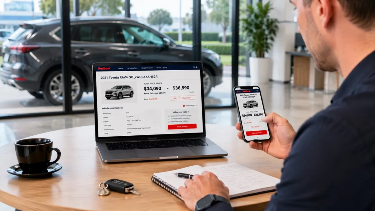 A person checking their car's value on a laptop and smartphone at home