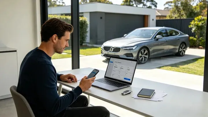 A car owner checking their car's value online on a laptop and phone